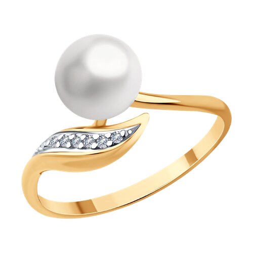 Кольцо из золочёного серебра с жемчугом и фианитами