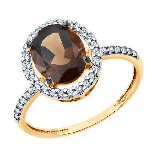 Кольцо из золочёного серебра с раухтопазом и фианитами