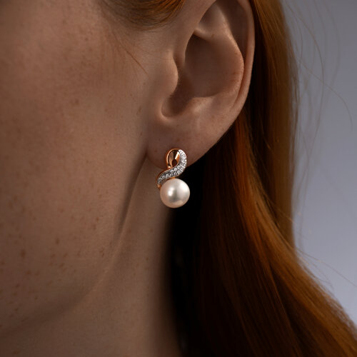 Серьги из золочёного серебра с жемчугом и фианитами из золочение розовое — вид 2