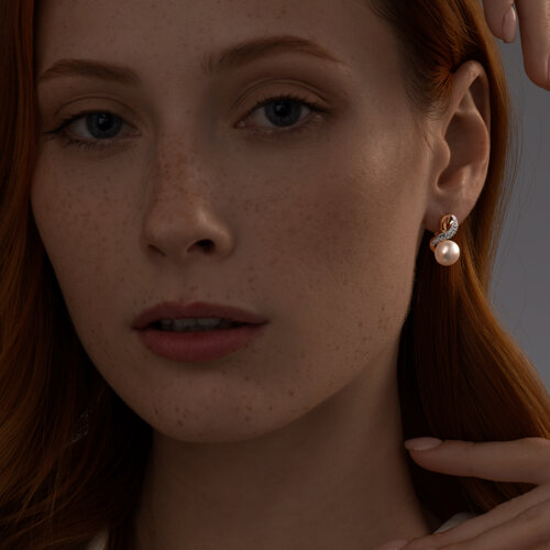 Серьги из золочёного серебра с жемчугом и фианитами из золочение розовое — вид 3