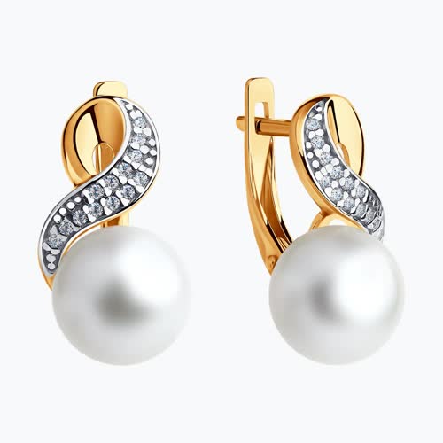 Серьги из золочёного серебра с жемчугом и фианитами из золочение розовое — вид 5