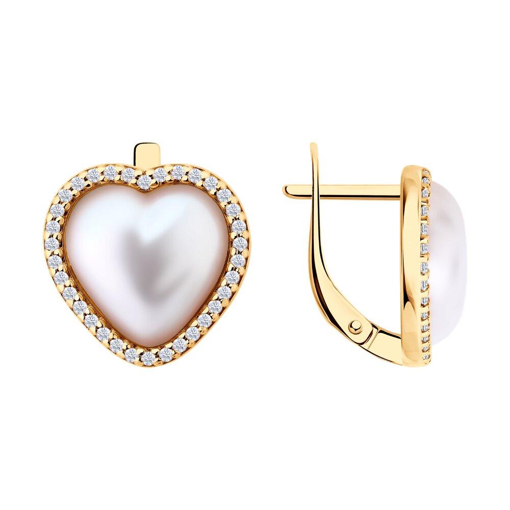 Серьги из золочёного серебра с синтетическим жемчугом и фианитами - видео на модели