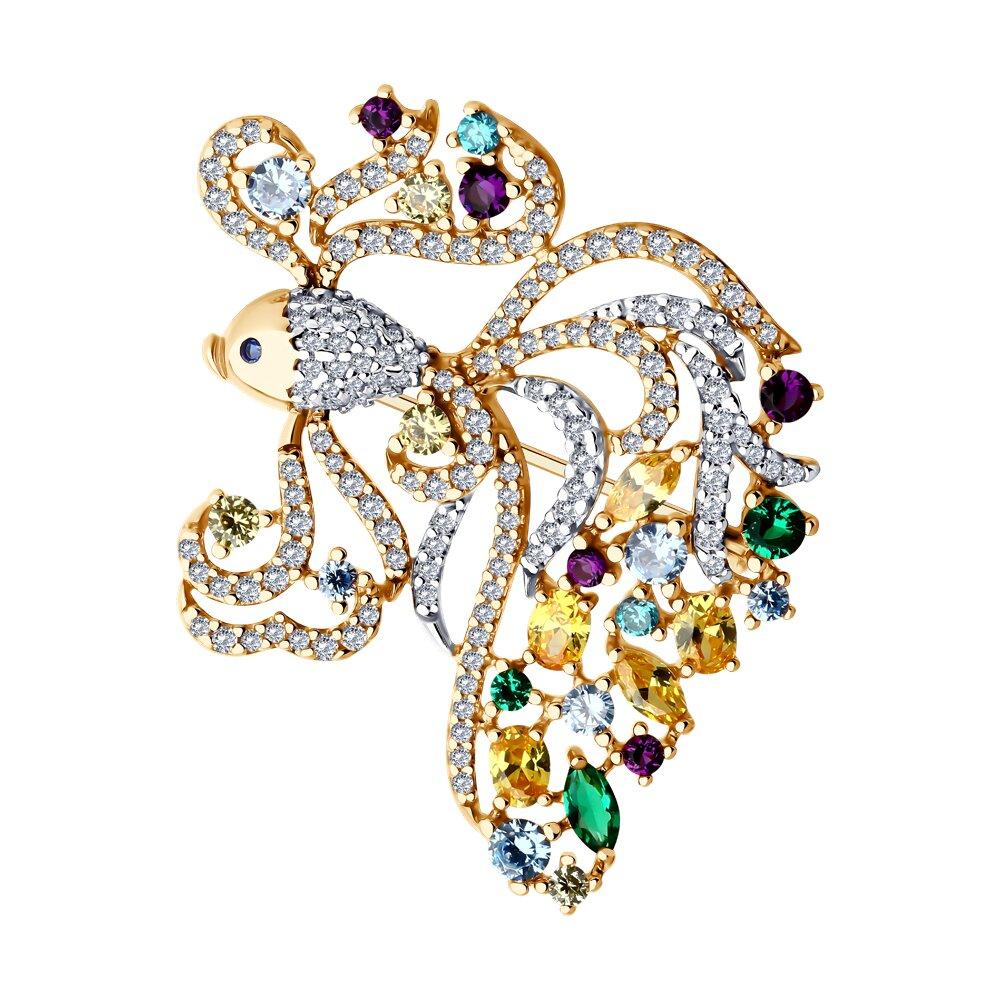 Брошь из золочёного серебра с фианитами - видео на модели