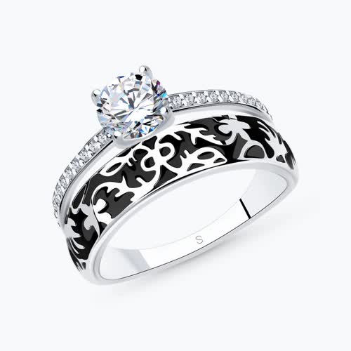 Кольцо из серебра с чёрной эмалью и фианитом - видео на модели