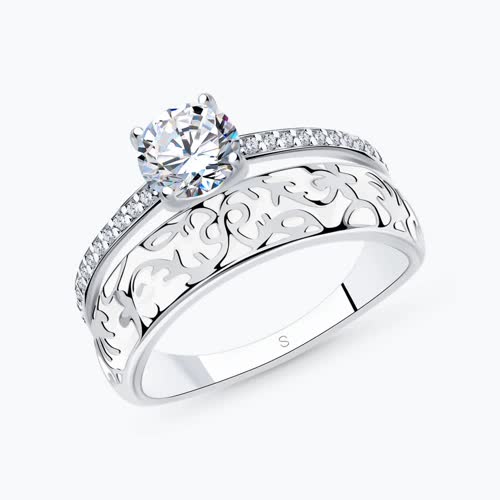 Серебряное кольцо с фианитами и белой эмалью - видео на модели