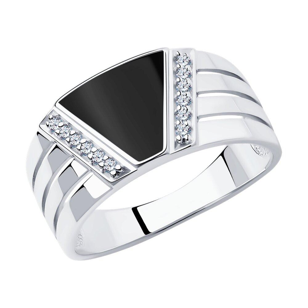 Кольцо из серебра с эмалью с фианитами из родированное серебро