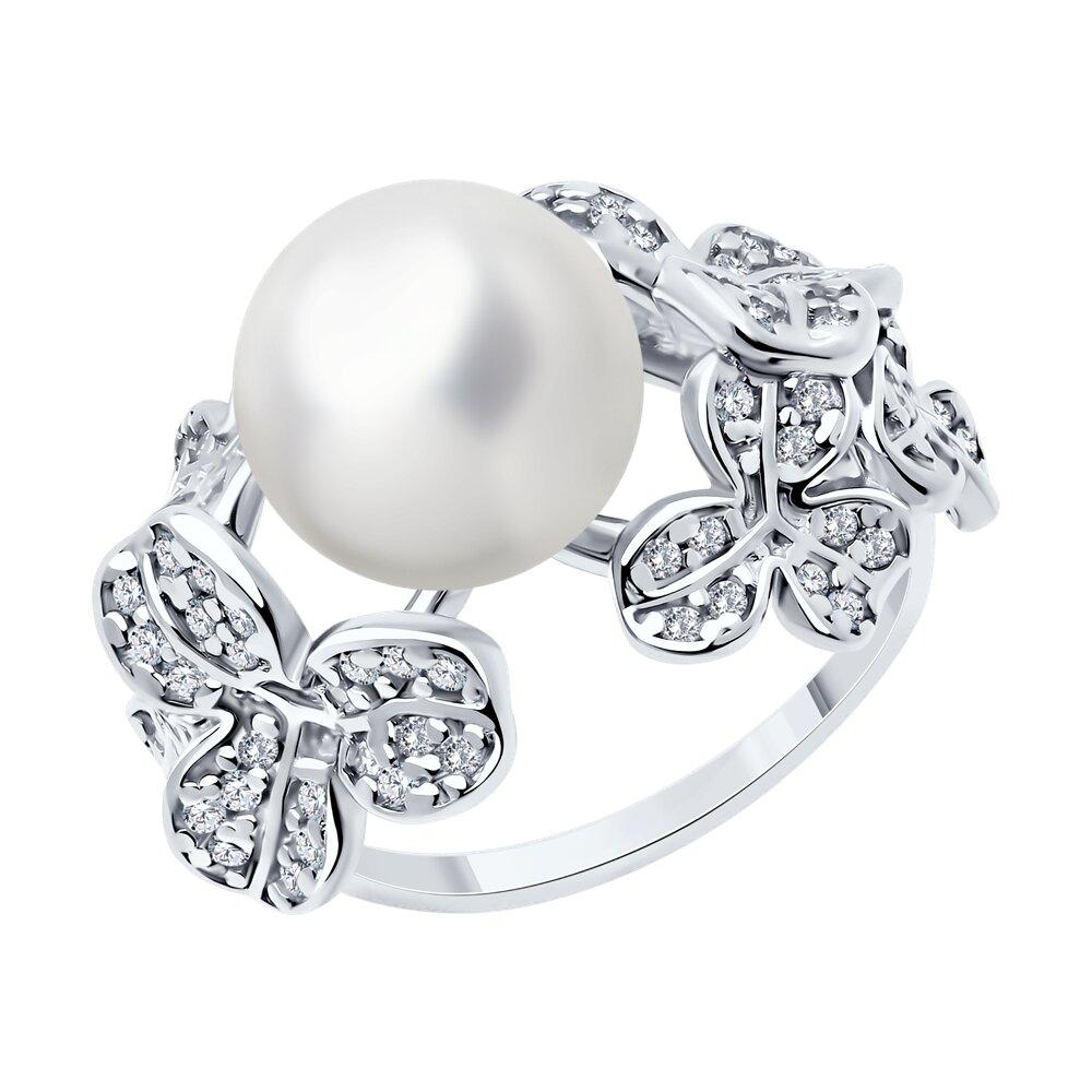 Кольцо из серебра с жемчугом и фианитами - видео на модели