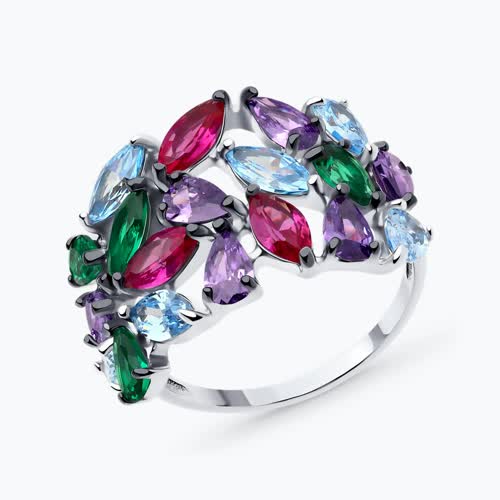 Кольцо из серебра с корундами и фианитами - видео на модели