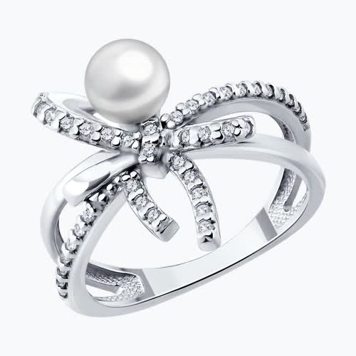 Кольцо из серебра с синтетическим жемчугом и фианитами - видео на модели