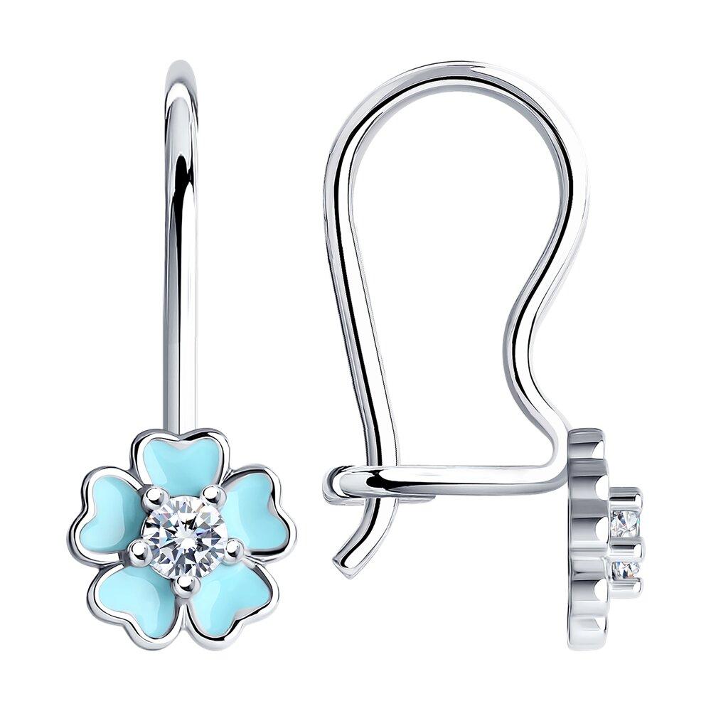 Детские серьги с голубыми цветками с эмалью и фианитом - видео на модели