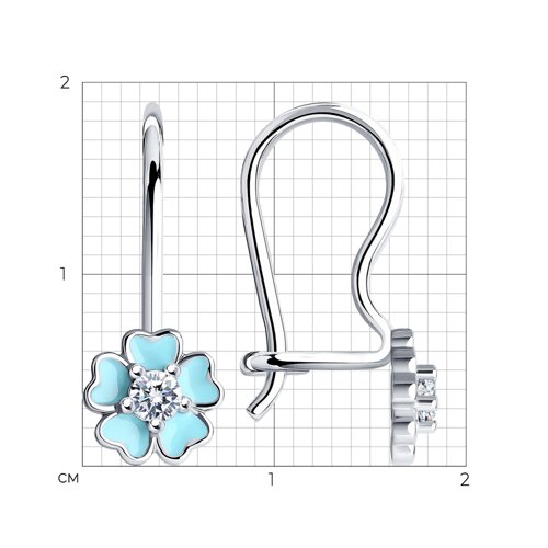 Детские серьги с голубыми цветками с эмалью и фианитом из серебро — вид 3