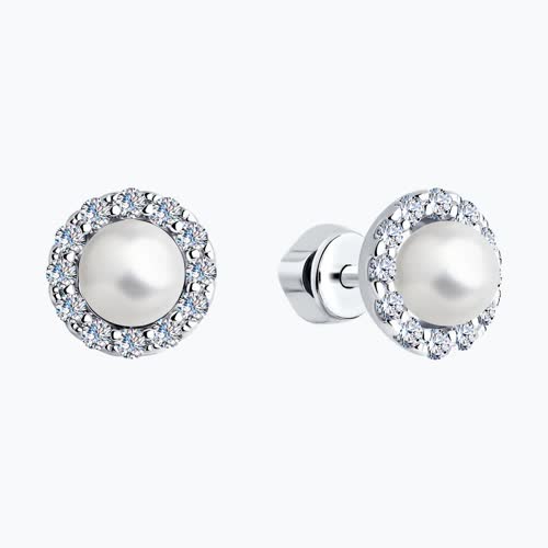 Серьги-пусеты из серебра с жемчугом и фианитами из серебро — вид 2