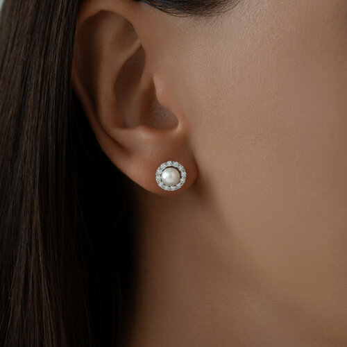 Серьги-пусеты из серебра с жемчугом и фианитами из серебро — вид 3