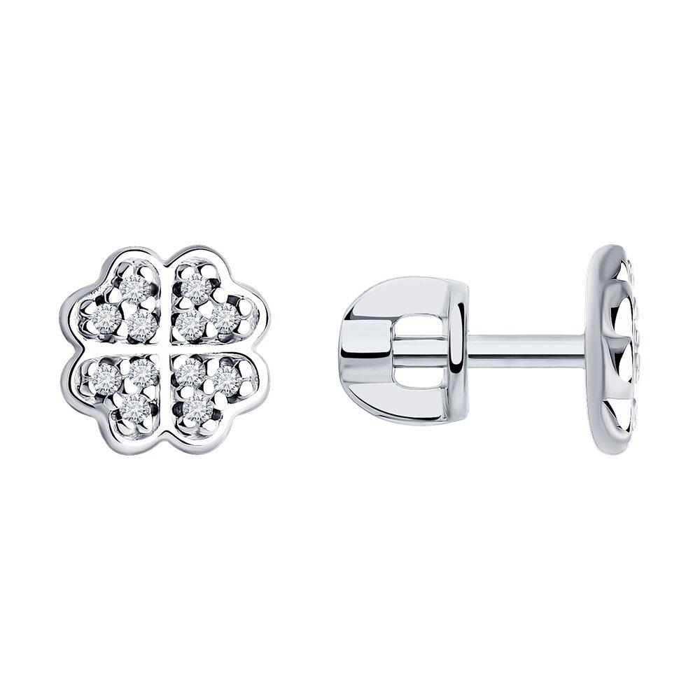 Серьги-пусеты клевер из серебра с фианитами из серебро