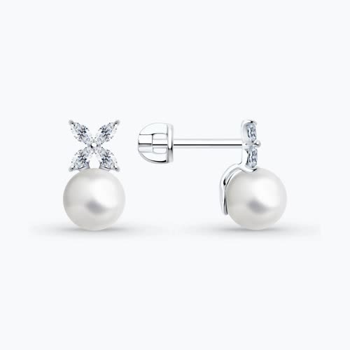 Серьги из серебра с жемчугом и фианитами - видео на модели