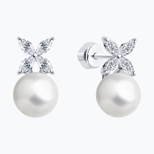 Серьги из серебра с жемчугом и фианитами из серебро — вид 2