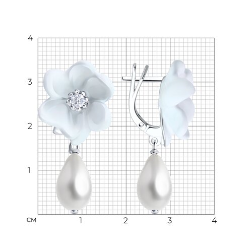 Серьги из серебра с синтетическим жемчугом, фианитами и эмалью из серебро — вид 5