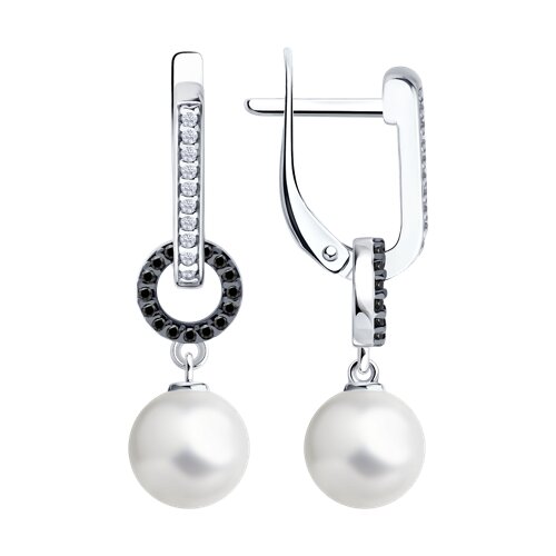 Серьги из серебра с синтетическим жемчугом и фианитами из серебро