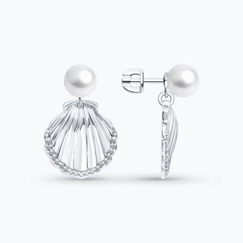 Серьги из серебра с синтетическим жемчугом и фианитами - видео на модели