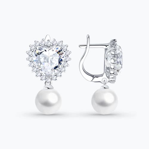 Серьги из серебра с синтетическим жемчугом и фианитами - видео на модели