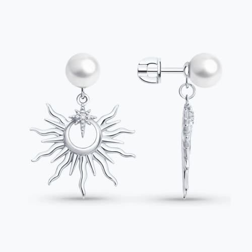 Серьги из серебра с синтетическим жемчугом и фианитами - видео на модели