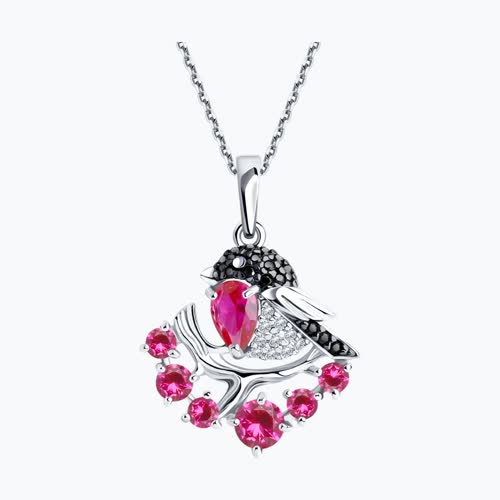 Подвеска из серебра с красными корунд (синт.) и бесцветными, красным и чёрными фианитами из серебро — вид 2