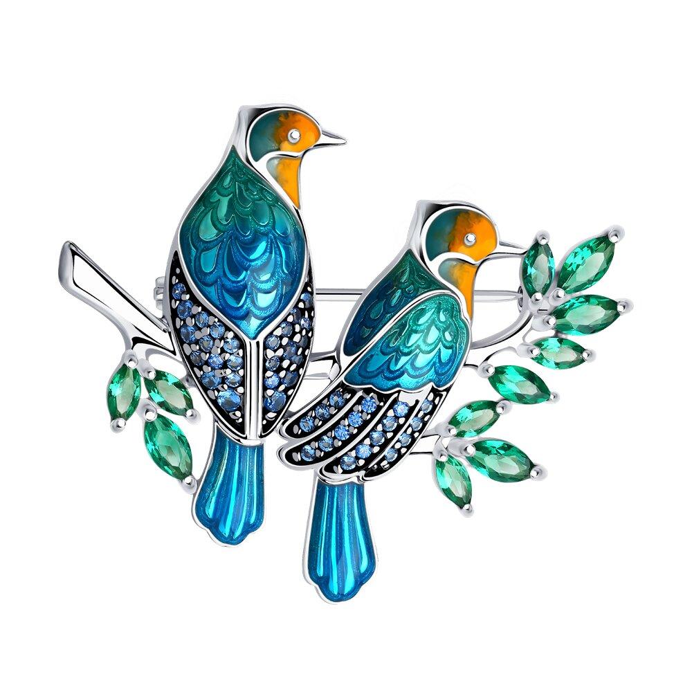 Брошь из серебра с эмалью и фианитами из серебро
