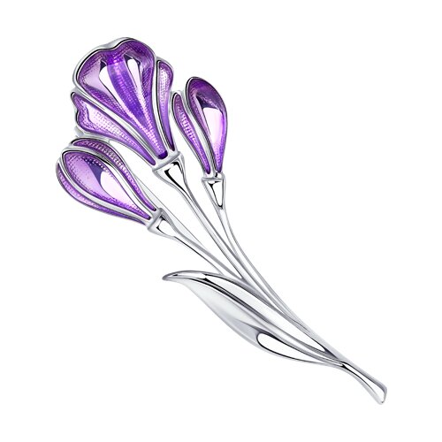 Серебряная брошь «Цветок» с фиолетовой эмалью и родиевым покрытием