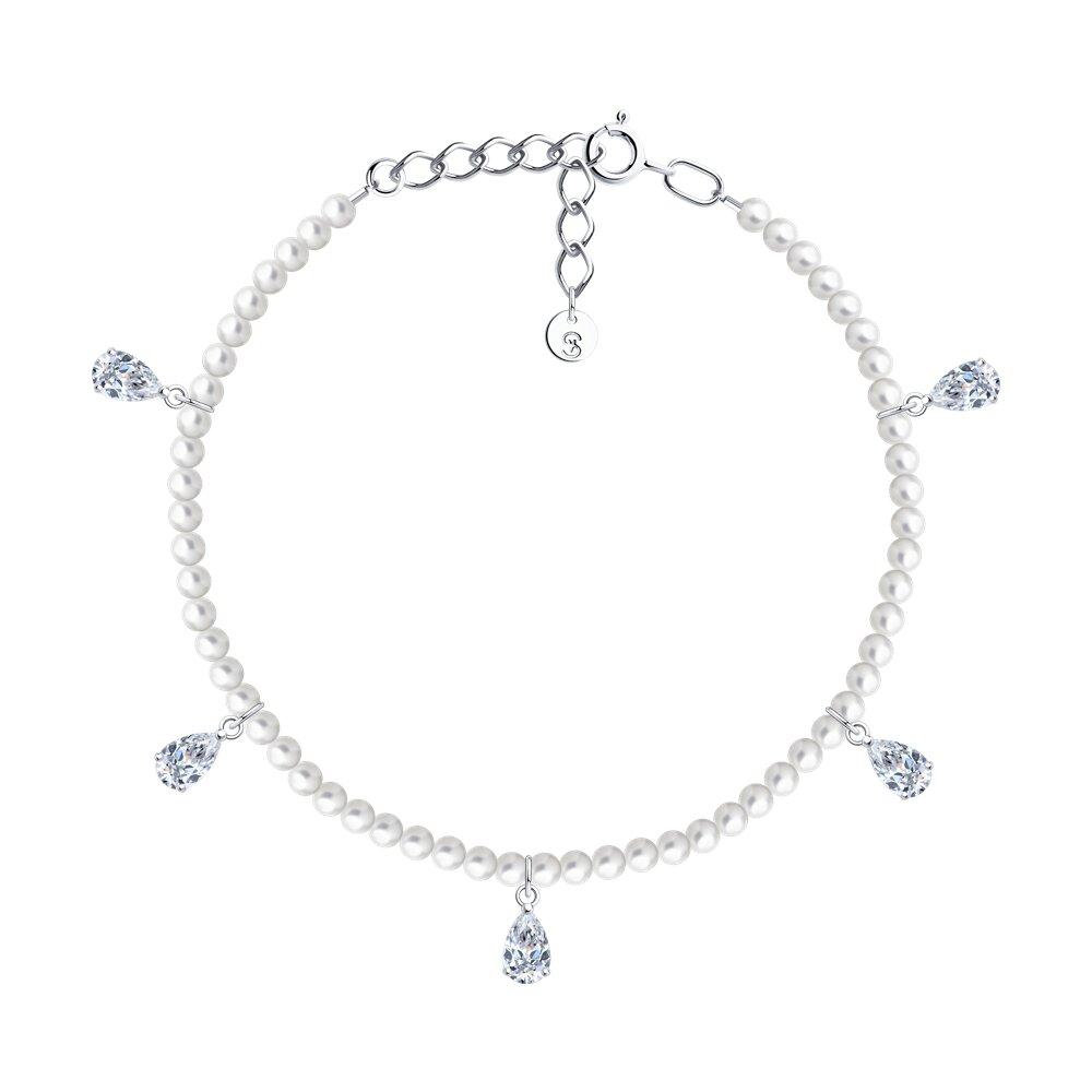 Браслет из серебра с синтетическим жемчугом и фианитами - видео на модели