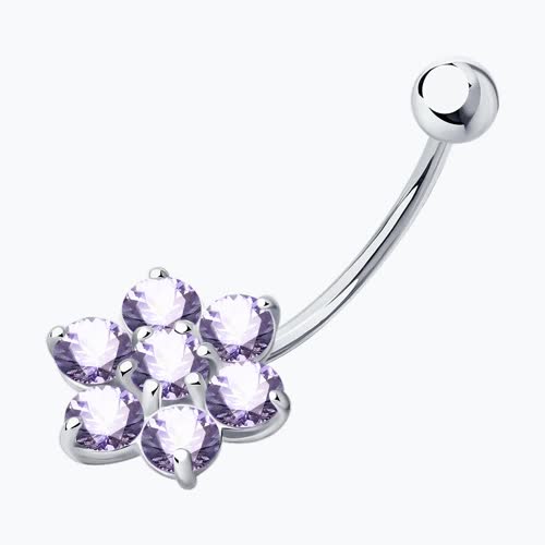 Пирсинг в пупок из серебра с сиреневыми фианитами из серебро