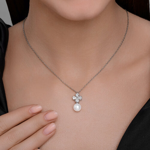 Колье из серебра с синтетическим жемчугом и фианитами из серебро — вид 3