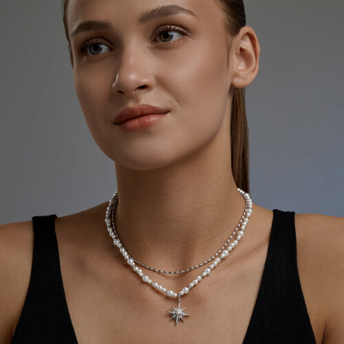 Колье из серебра с синтетическим жемчугом и фианитами из серебро — вид 4