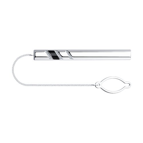 Зажим для галстука из серебра с наклонными линейками эмали и фианитов