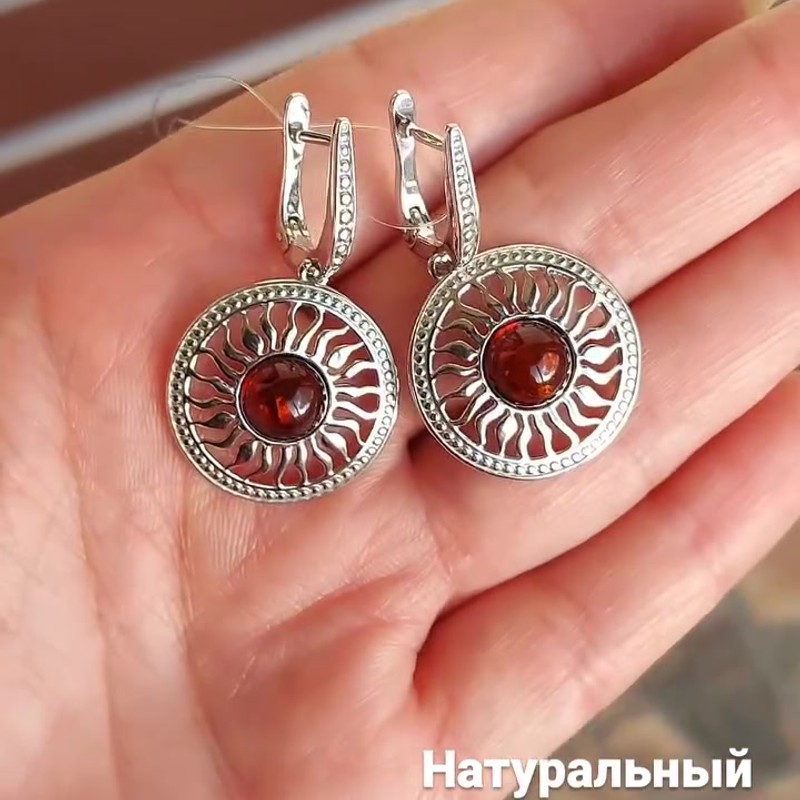 Серебряные серьги 925 пробы с янтарём в форме солнца
